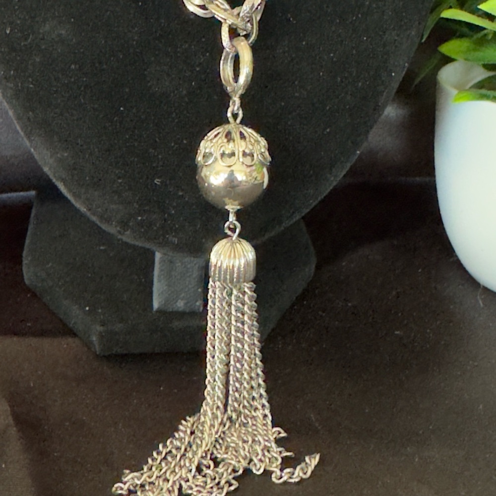 Vintage Long Silver Toned Tassel 26” long Necklace